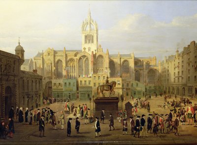 Das Parlament Close und öffentliche Figuren von Edinburgh, um das Ende des 18. Jahrhunderts von Wilkie, Nasmyth and Stanfield Roberts